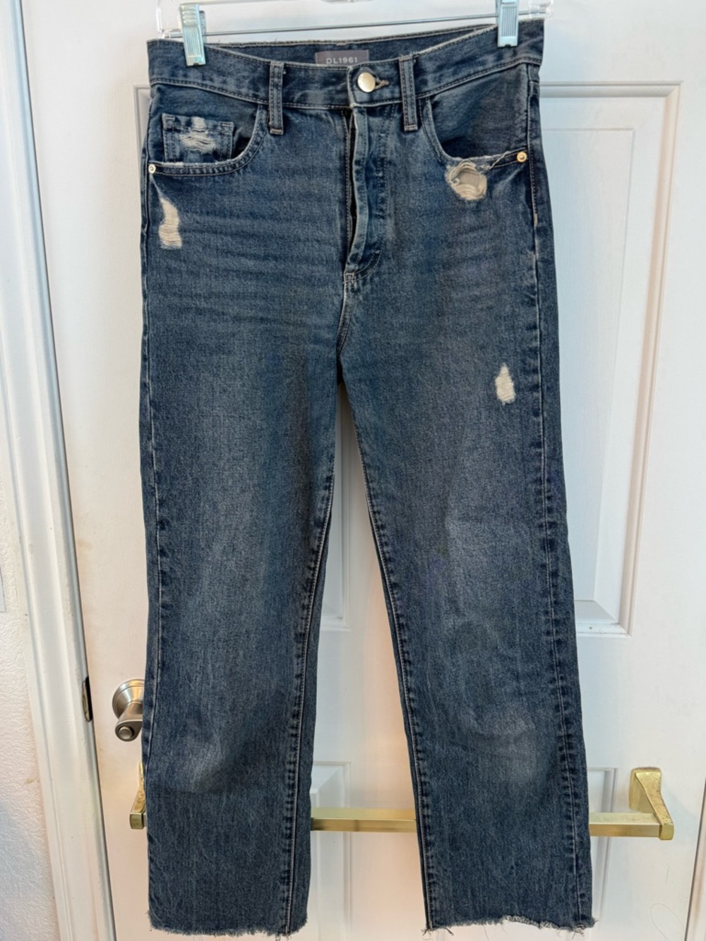 DL 1961 Emilie Straight Ultra High Rise Dark Blue Distressed Straight-Leg Jeans